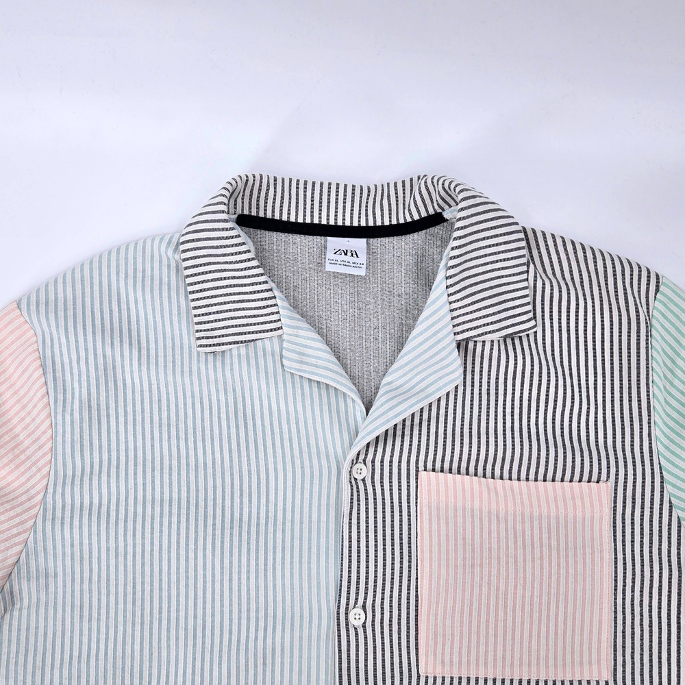 Zara Colorblock Striped Shirt XL Heavy Cotton Pastel Pink Green Black Resort EUC